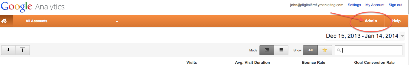 Admin Tab in Google Analytics